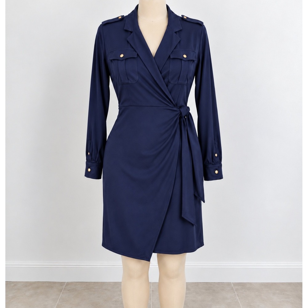Lauren Ralph Lauren Navy Blue Military Wrap Dress Gold Buttons Size 12